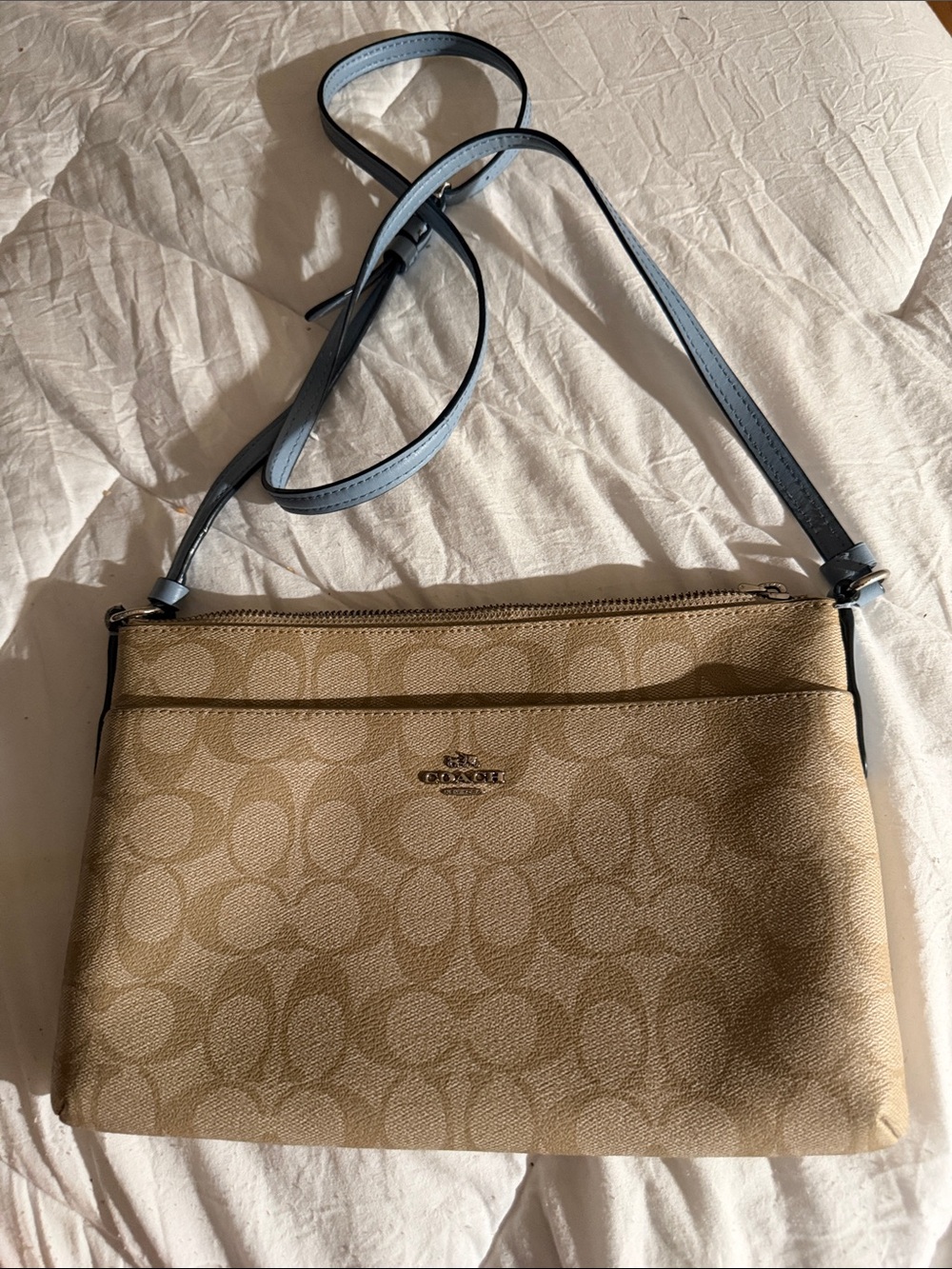 Coach Khaki Signature Crossbody with Light Blue Strap